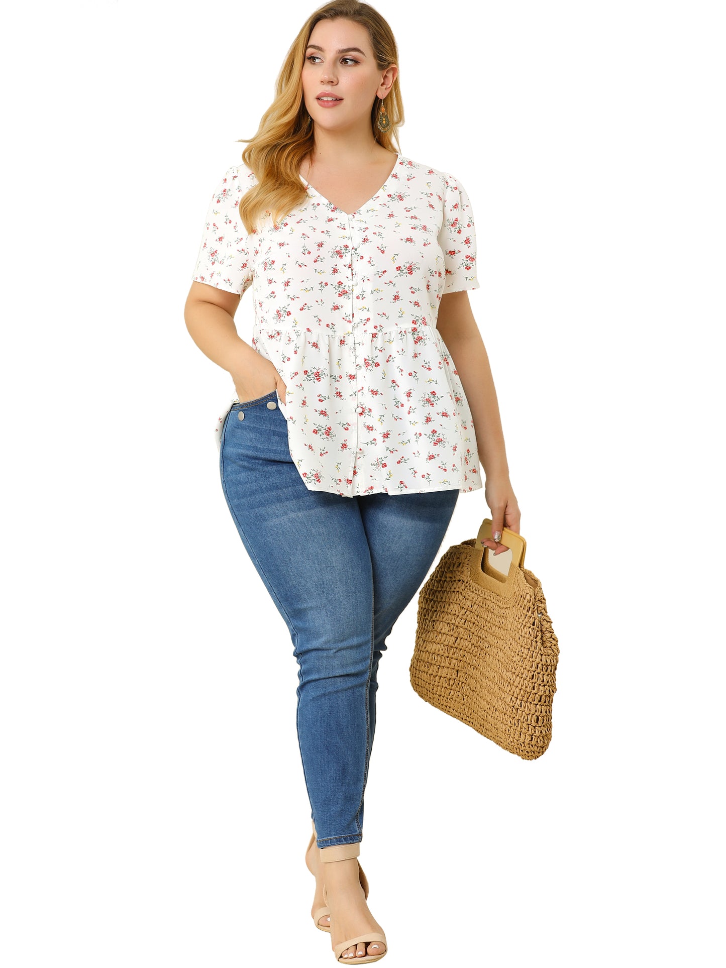 Women Plus Size Chiffon Shirt V Neck Ruffle Short Sleeve Floral Peplum Top