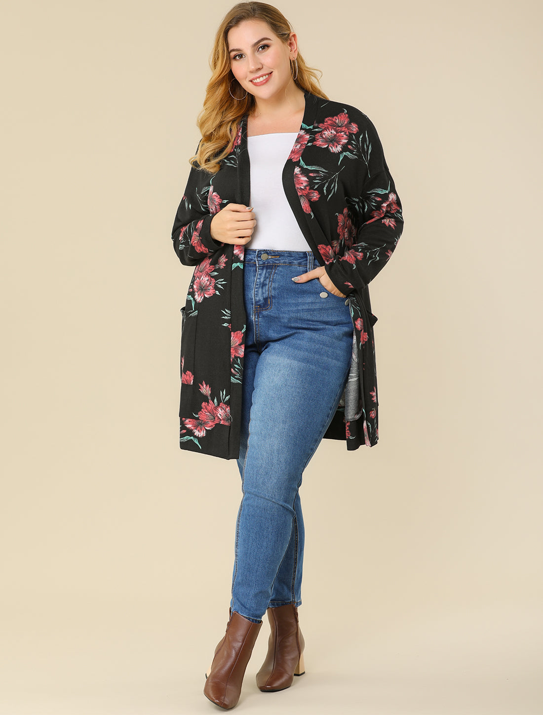 Women's Plus Size Lightweight Casual Long Sleeve Floral Knit Cardigans with Pockets
