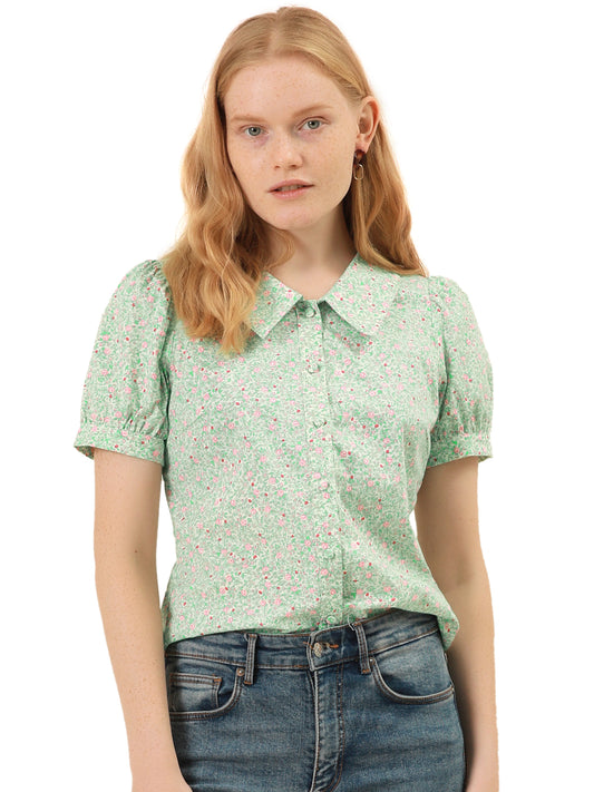 Women's Summer Shirt Top Puff Short Sleeve Point Collar Button Down Floral Blouse