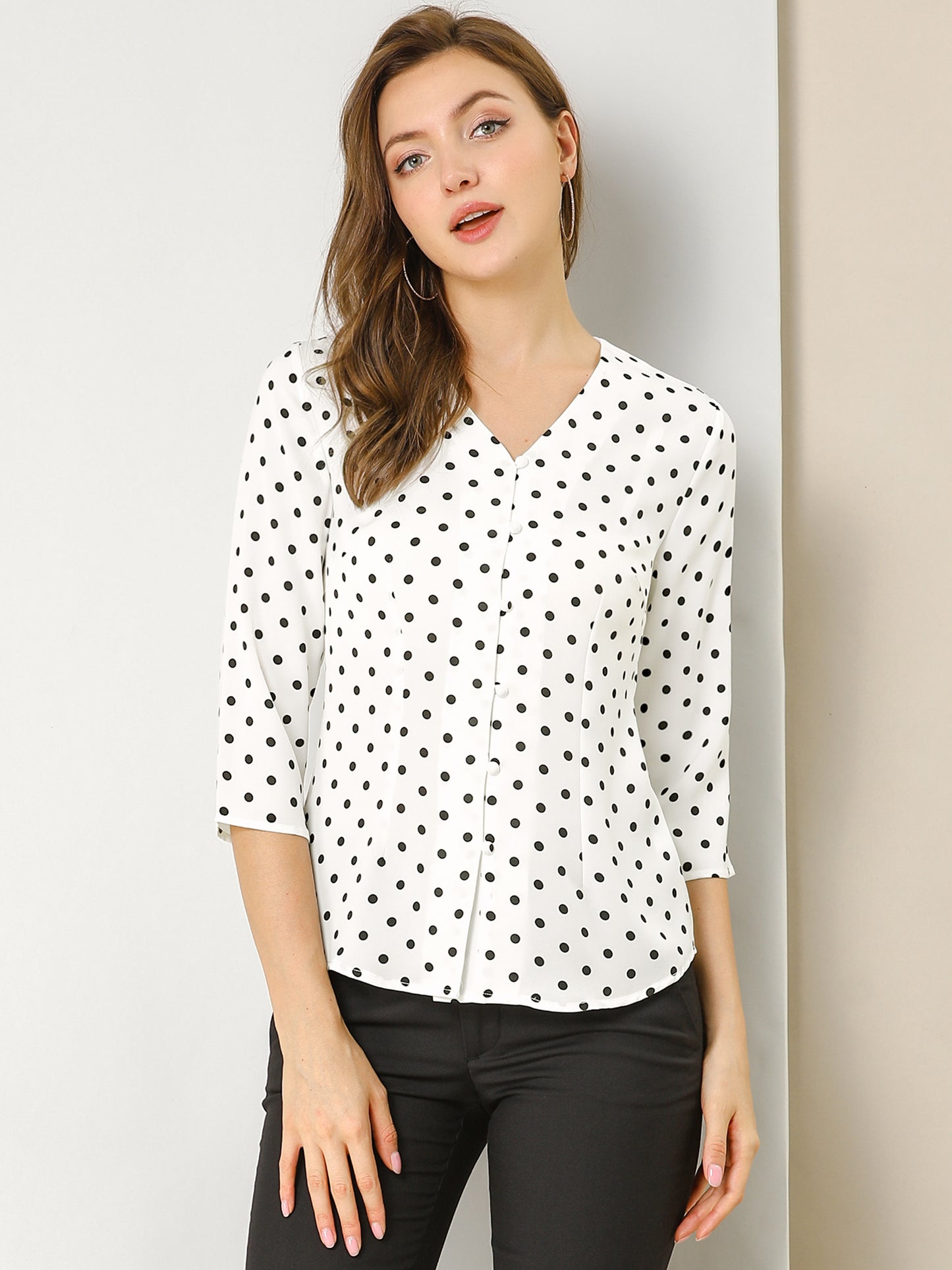 Women's Polka Dots 3/4 Sleeve Button Front V Neck Blouse Shirt (Available in Plus Size)