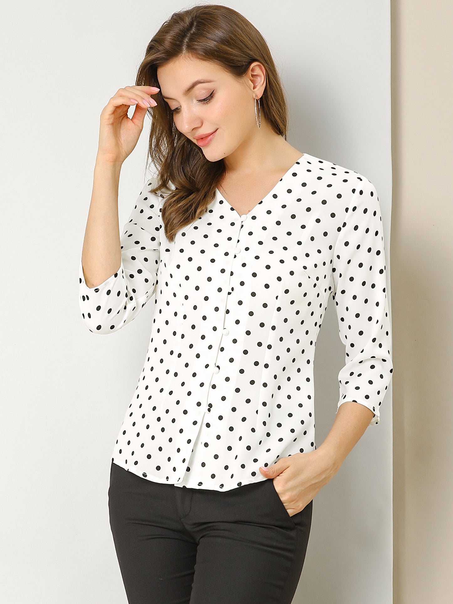 Women's Polka Dots 3/4 Sleeve Button Front V Neck Blouse Shirt (Available in Plus Size)