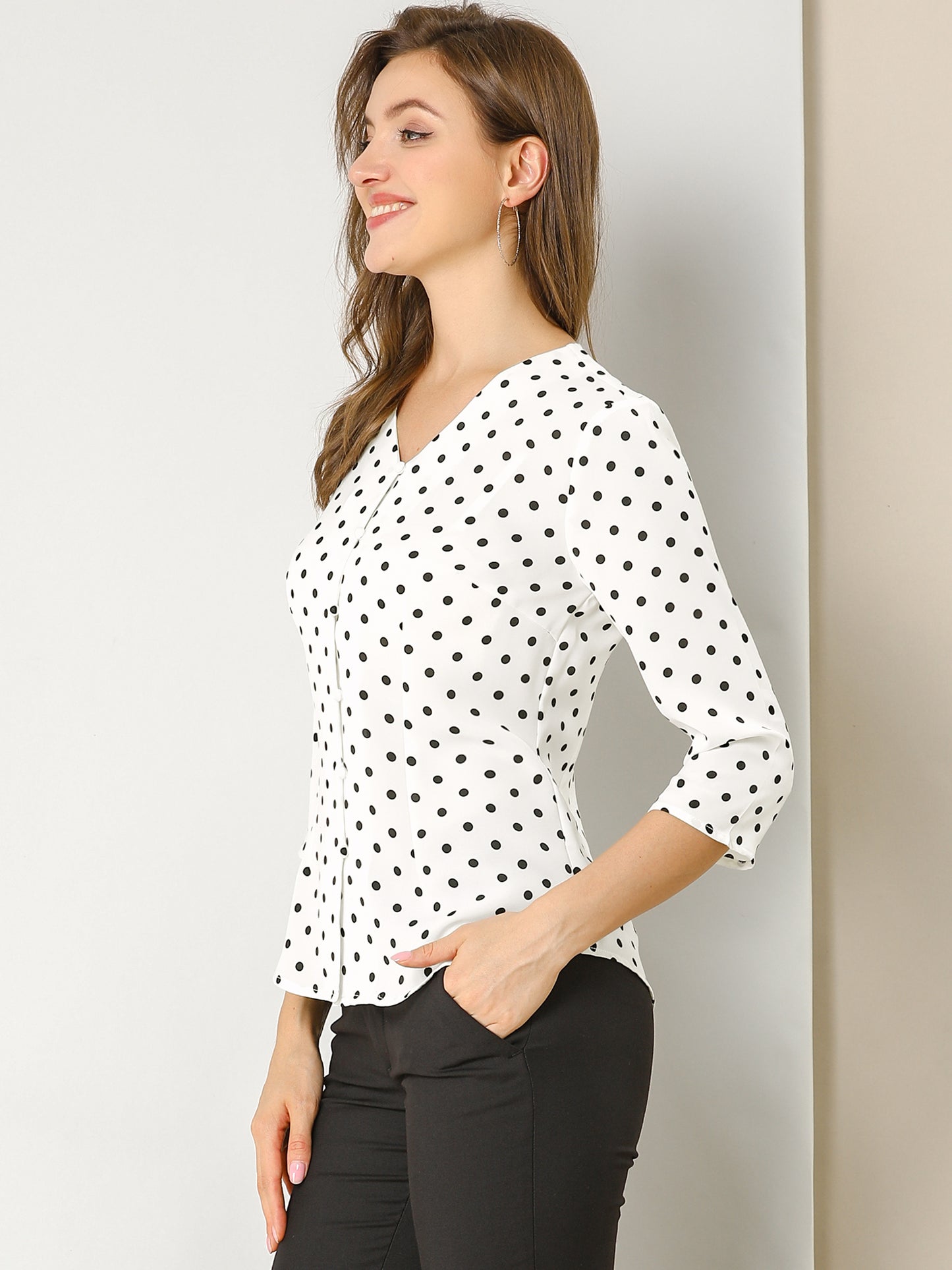 Women's Polka Dots 3/4 Sleeve Button Front V Neck Blouse Shirt (Available in Plus Size)