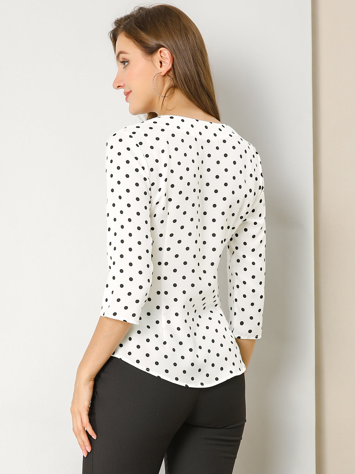 Women's Polka Dots 3/4 Sleeve Button Front V Neck Blouse Shirt (Available in Plus Size)