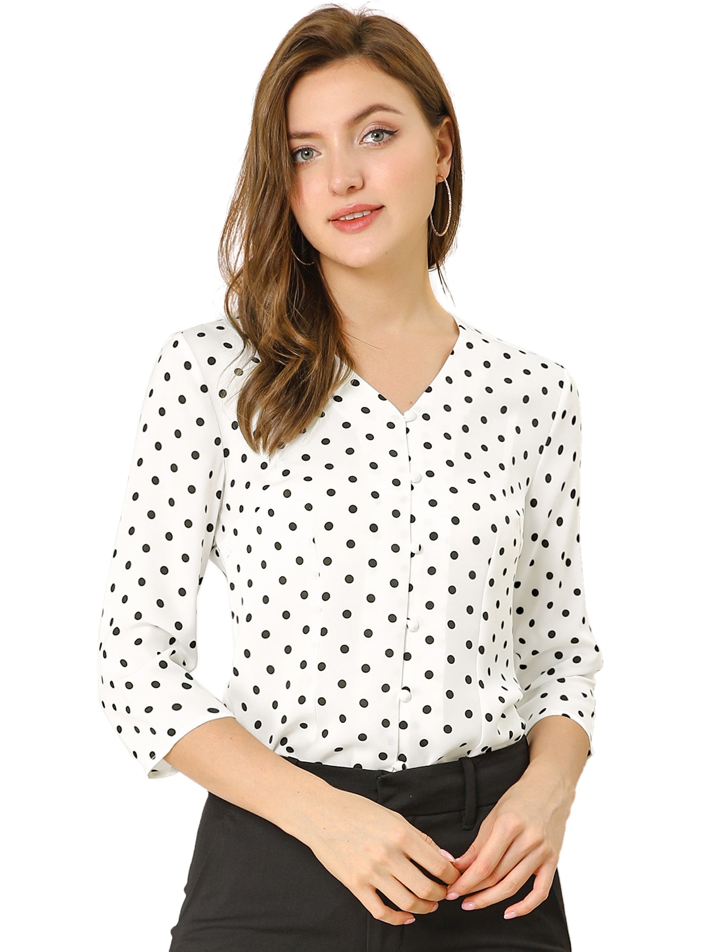 Women's Polka Dots 3/4 Sleeve Button Front V Neck Blouse Shirt (Available in Plus Size)