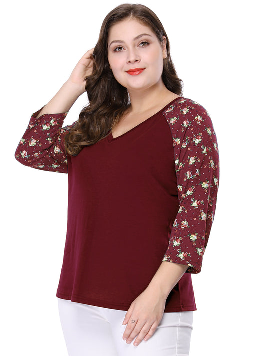 Women's Plus Size Top Casual V Neck 3/4 Sleeve Floral Raglan Top T-Shirt