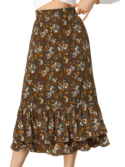 Women's Printed Skirt Summer Chiffon Ruffle Tiered Flowy Midi Skirt