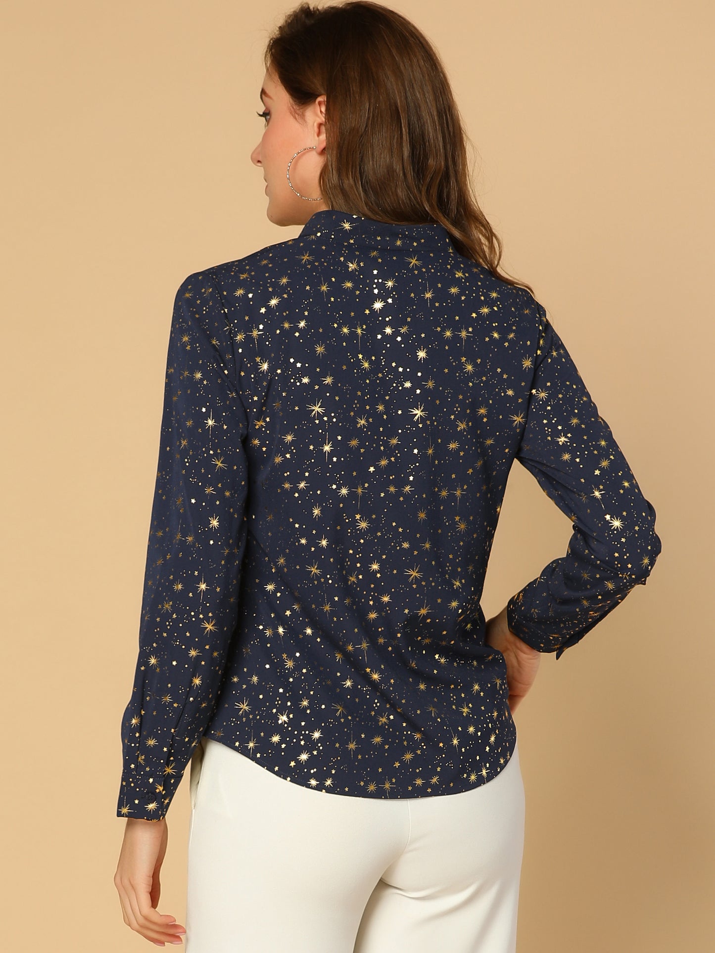 Women's Metallic Patterned V Neck Long Sleeve Gilding Sparkly Shirt (Available in Plus Size)