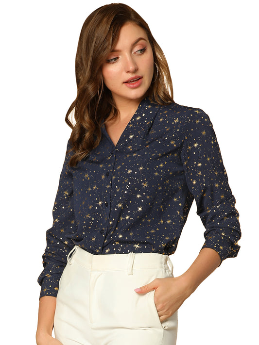 Women's Metallic Patterned V Neck Long Sleeve Gilding Sparkly Shirt (Available in Plus Size)