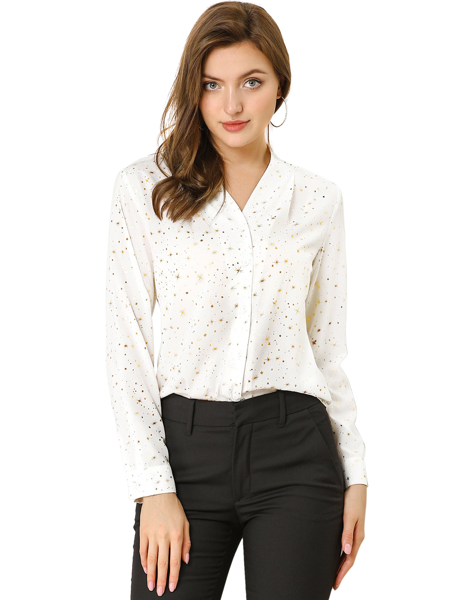 Women's Metallic Patterned V Neck Long Sleeve Gilding Sparkly Shirt (Available in Plus Size)