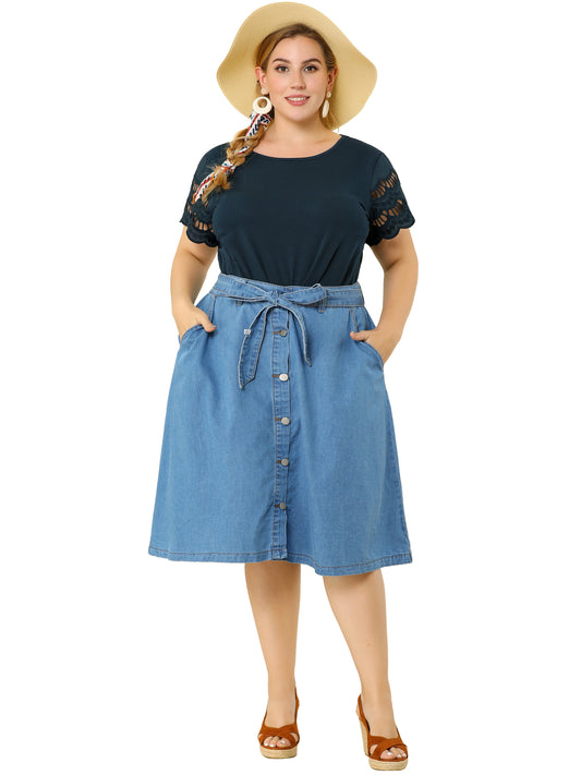 Women's Plus Size Top Round Neck Lace Panel Hollow Short Sleeve Elegant Summer Blouse