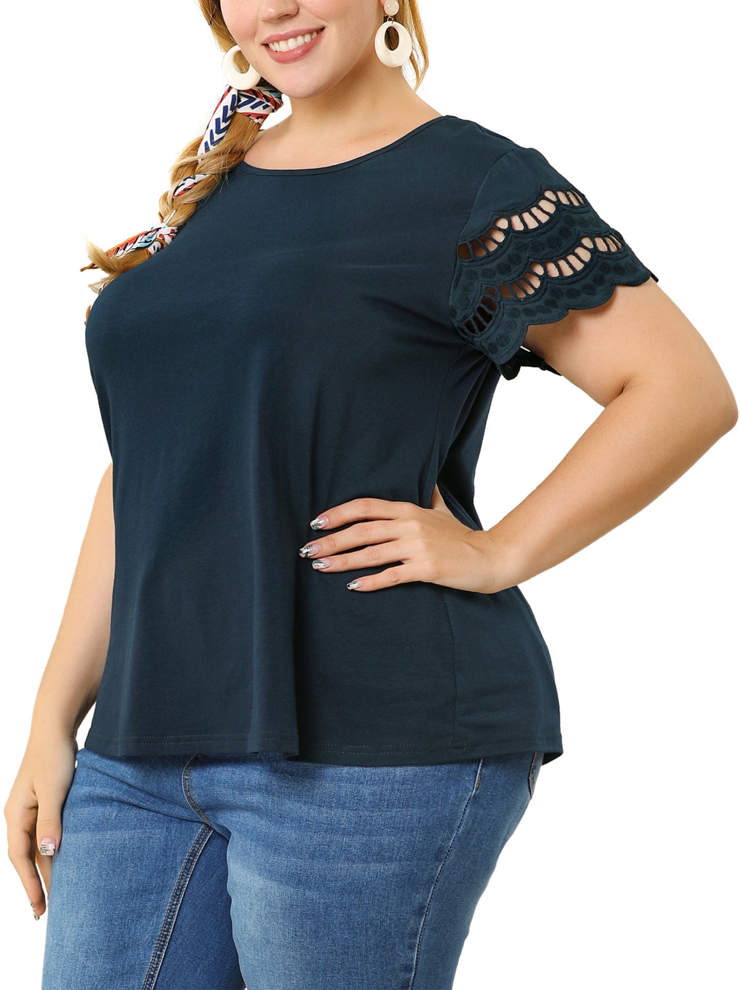 Women's Plus Size Top Round Neck Lace Panel Hollow Short Sleeve Elegant Summer Blouse