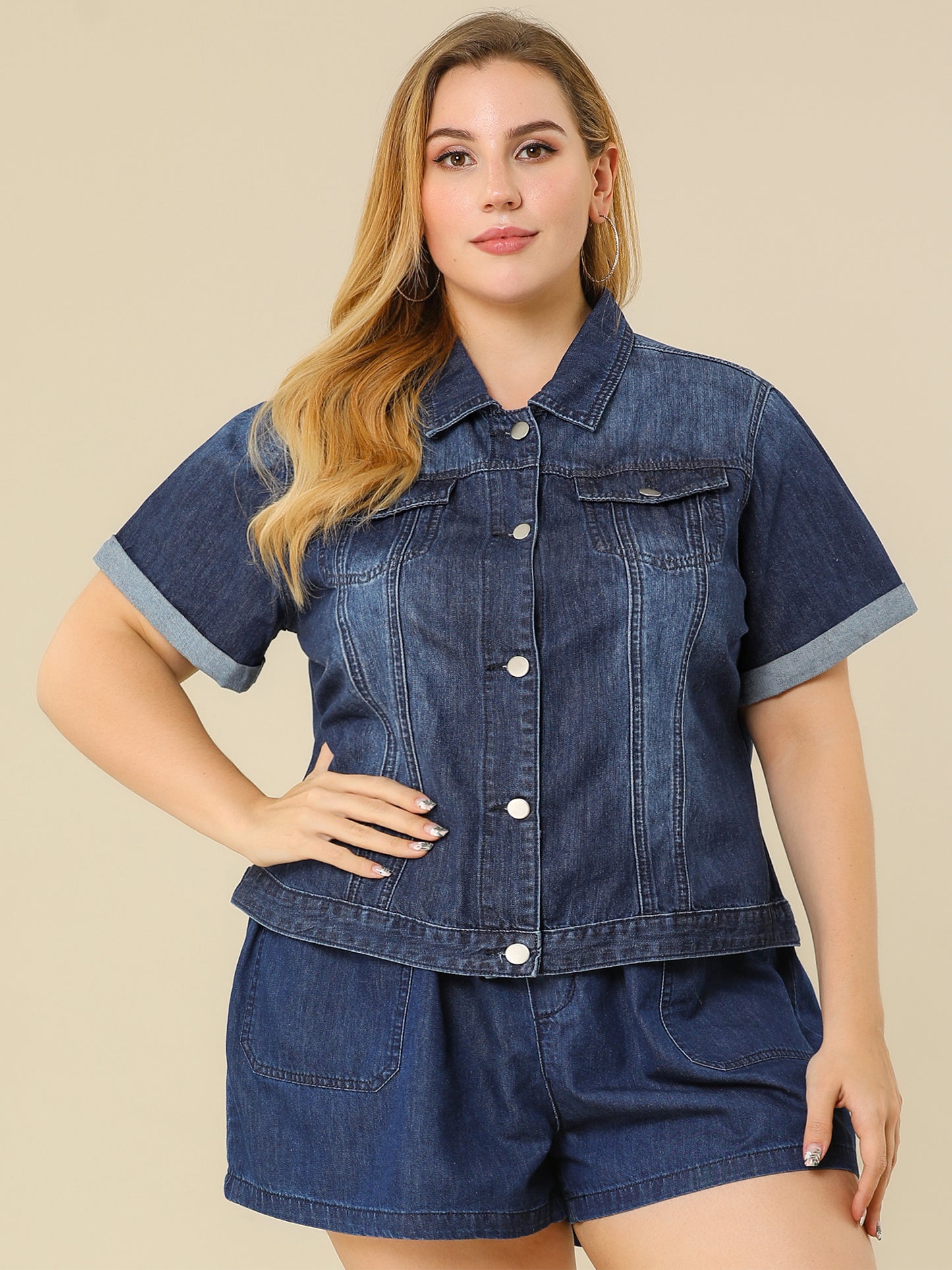 Women's Plus Size Denim Jacket Short Sleeve Lapel Button Front Work Western Outfit Jean Jackets