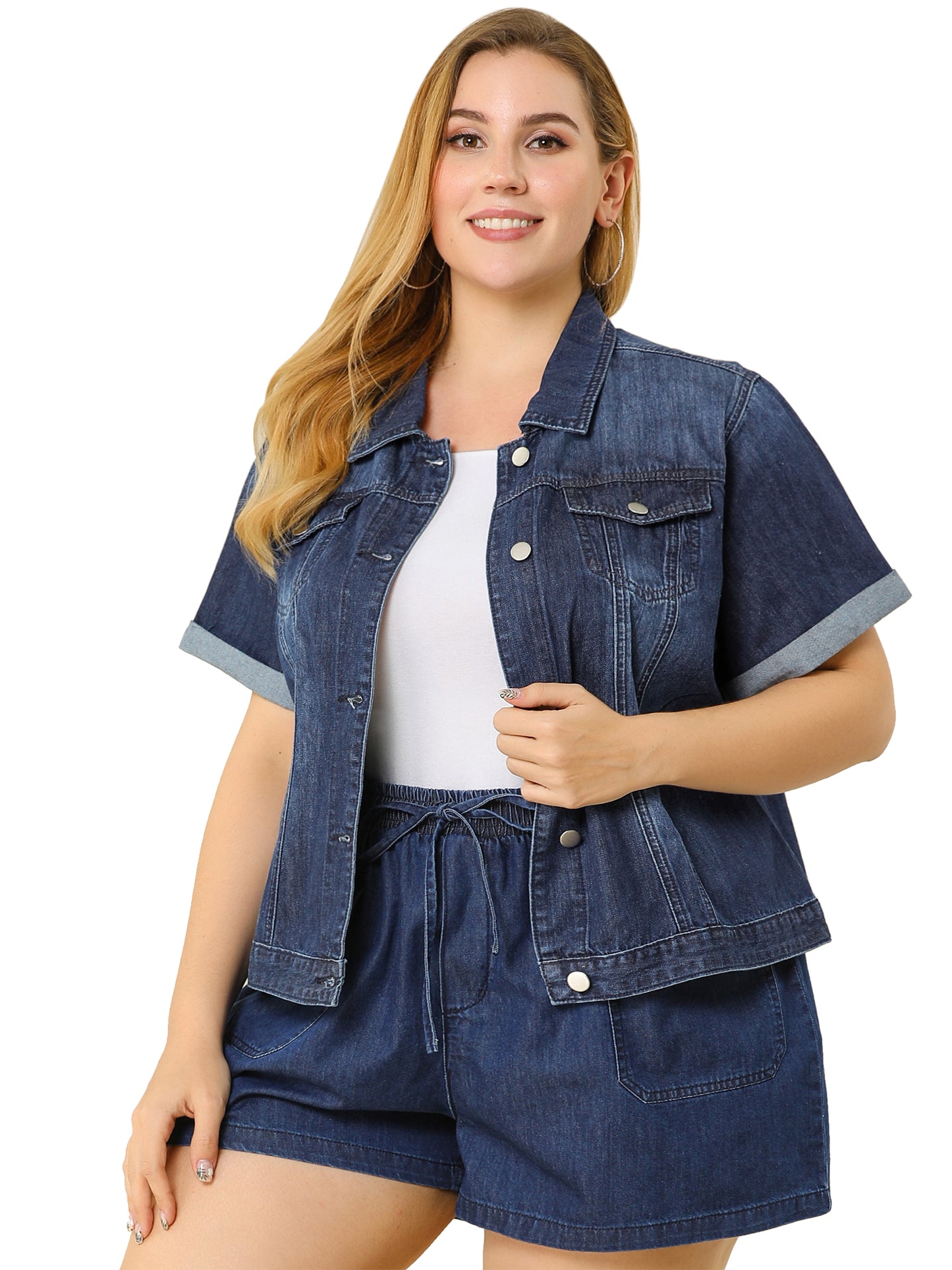 Women's Plus Size Denim Jacket Short Sleeve Lapel Button Front Work Western Outfit Jean Jackets