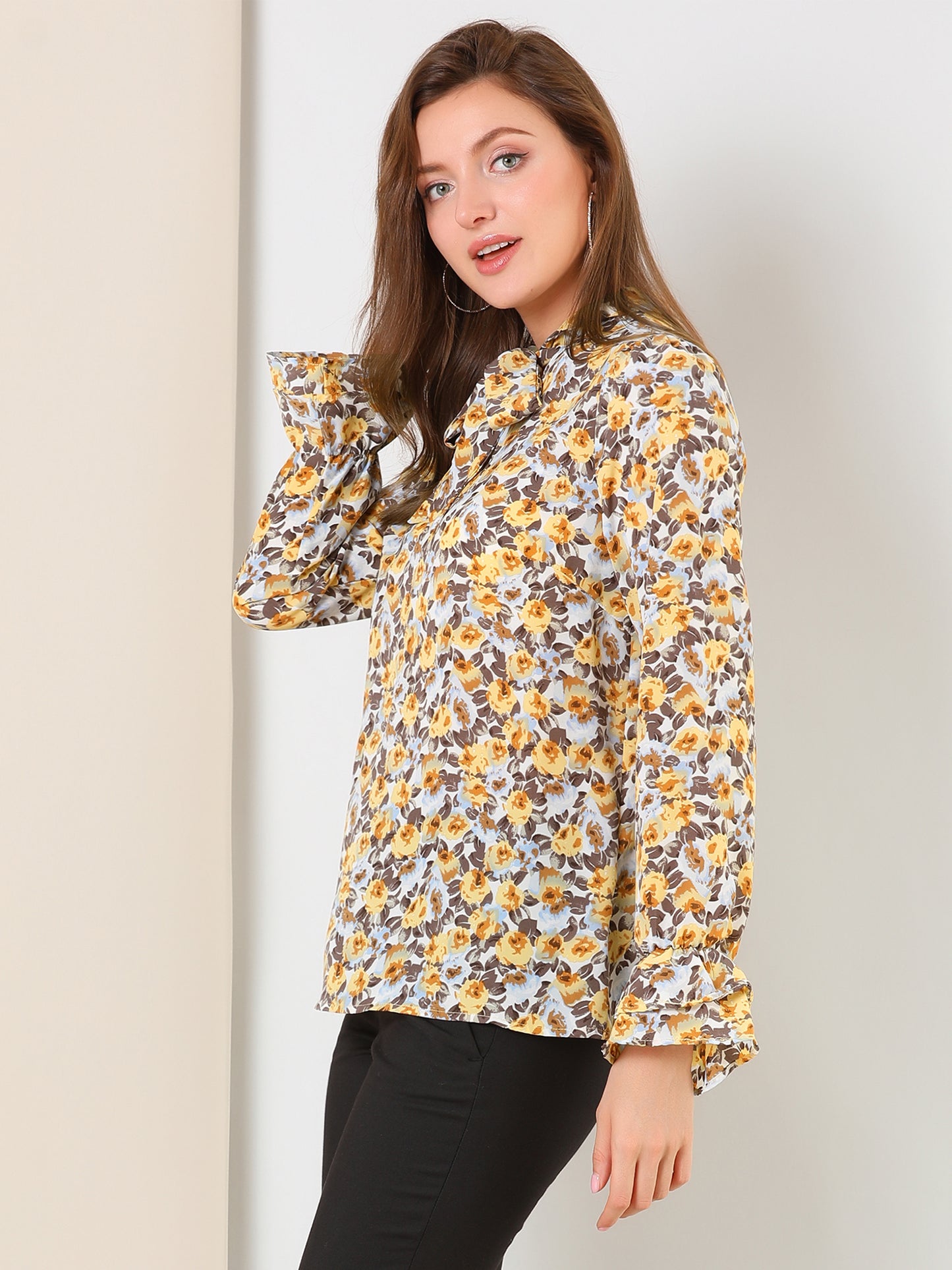 Blusa de gasa con volantes y cuello con lazo floral de manga larga para mujer