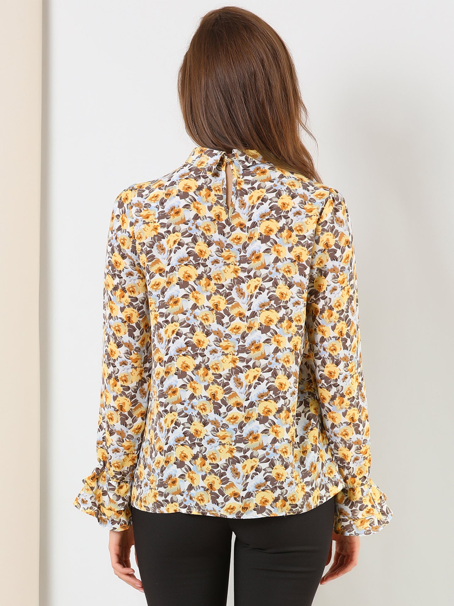 Blusa de gasa con volantes y cuello con lazo floral de manga larga para mujer