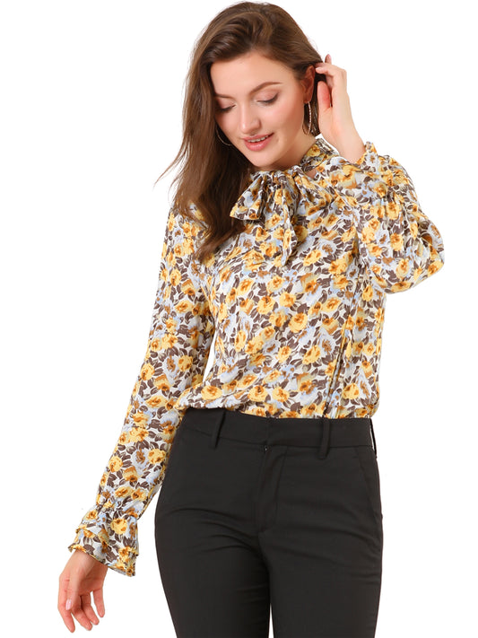 Women's Long Sleeve Blouse Floral Tie Neck Chiffon Ruffle Top