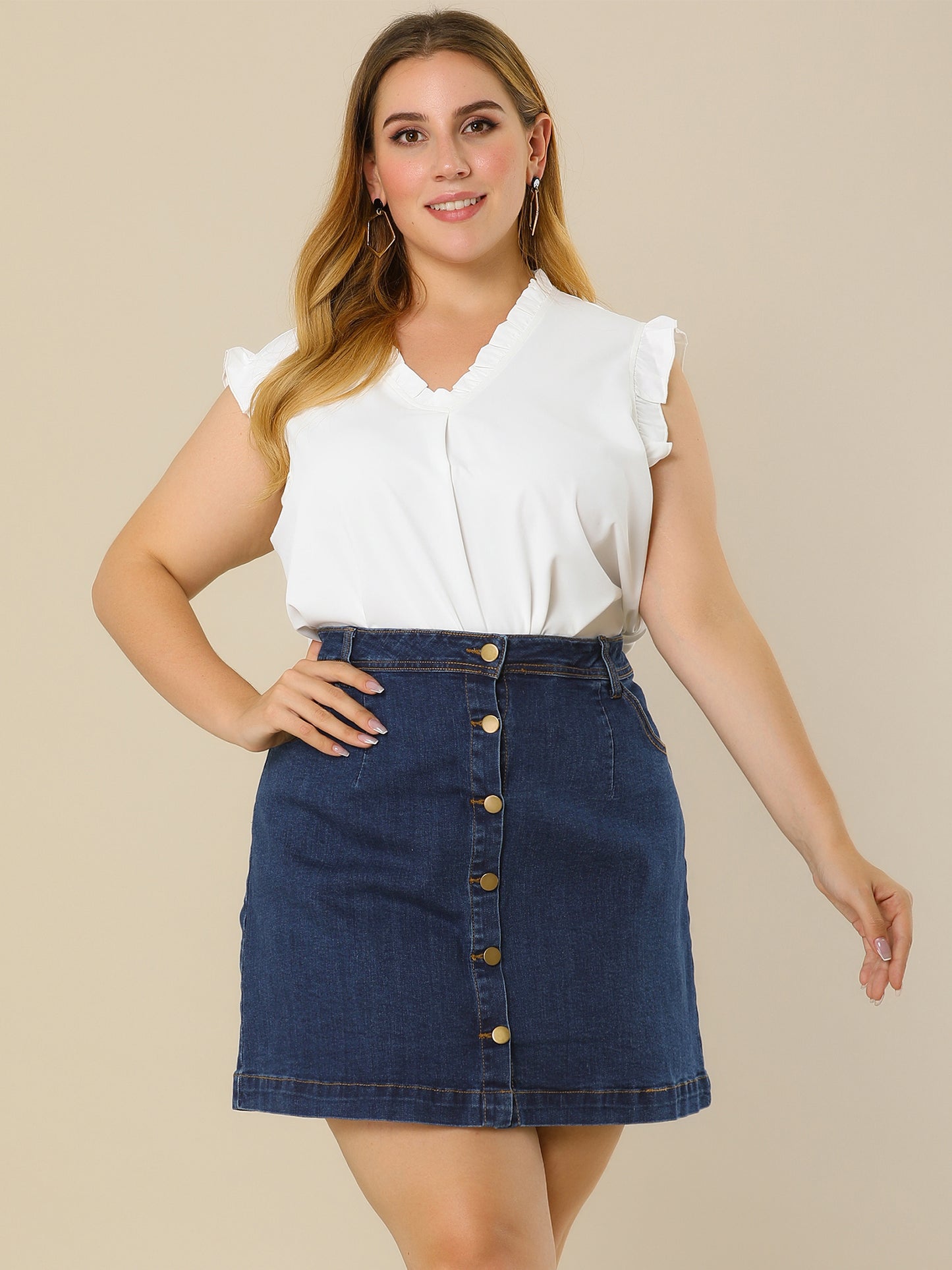 Women's Plus Size Denim Skirts Mini Button Side Pocket A Line Casual Summer Jean Skirt