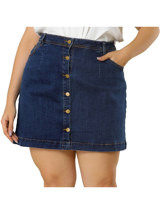 Women's Plus Size Denim Skirts Mini Button Side Pocket A Line Casual Summer Jean Skirt