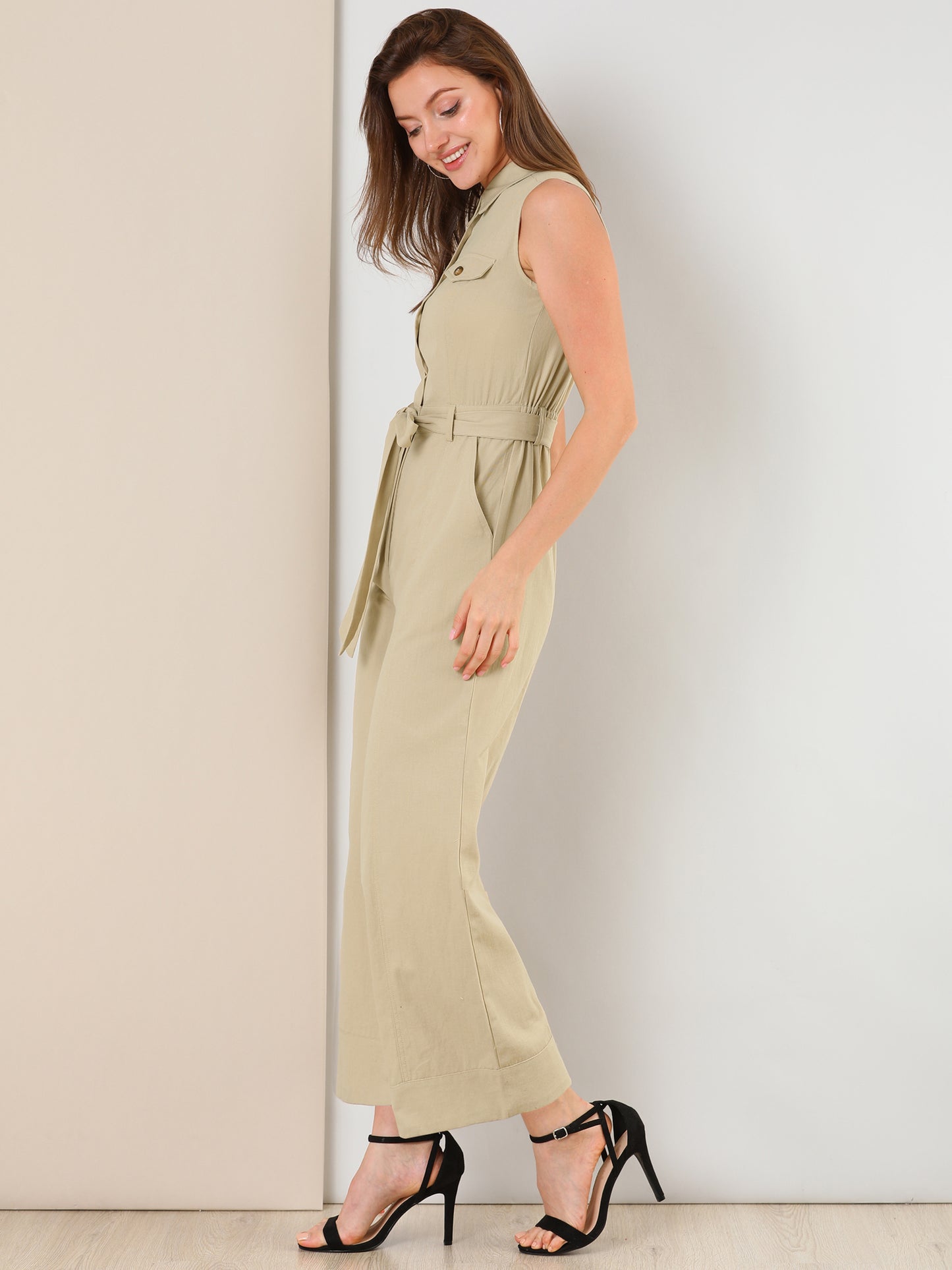 Women's Wide Leg Jumpsuit Sleeveless Collared Tie Waist Coverall Button Down Cargo Jumpsuits