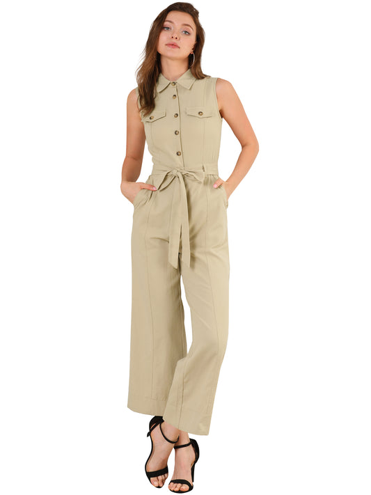 Women's Wide Leg Jumpsuit Sleeveless Collared Tie Waist Coverall Button Down Cargo Jumpsuits