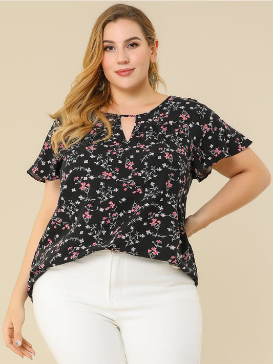 Women's Plus Size Blouses Summer Ruffle Short Sleeve Shirts Keyhole Chiffon Top