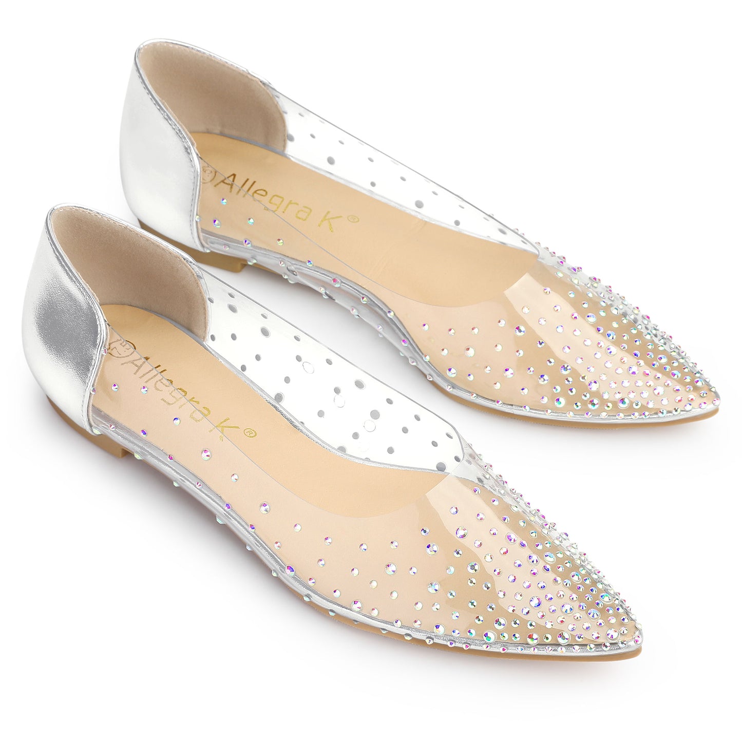 Bailarinas con punta puntiaguda y diamantes de imitación transparentes para mujer