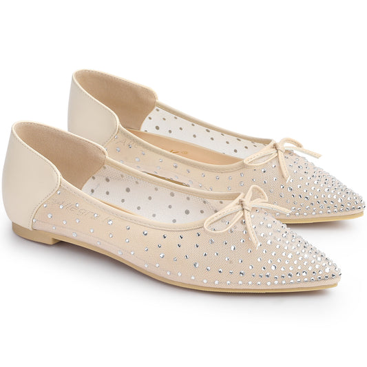 Bailarinas de malla con diamantes de imitación y punta puntiaguda para mujer
