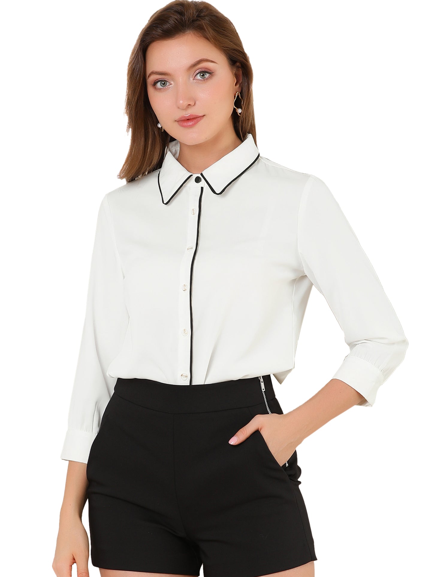 Women's Elegant Contrast Collar Blouse 3/4 Sleeve Button Up Tie Neck Office Shirt