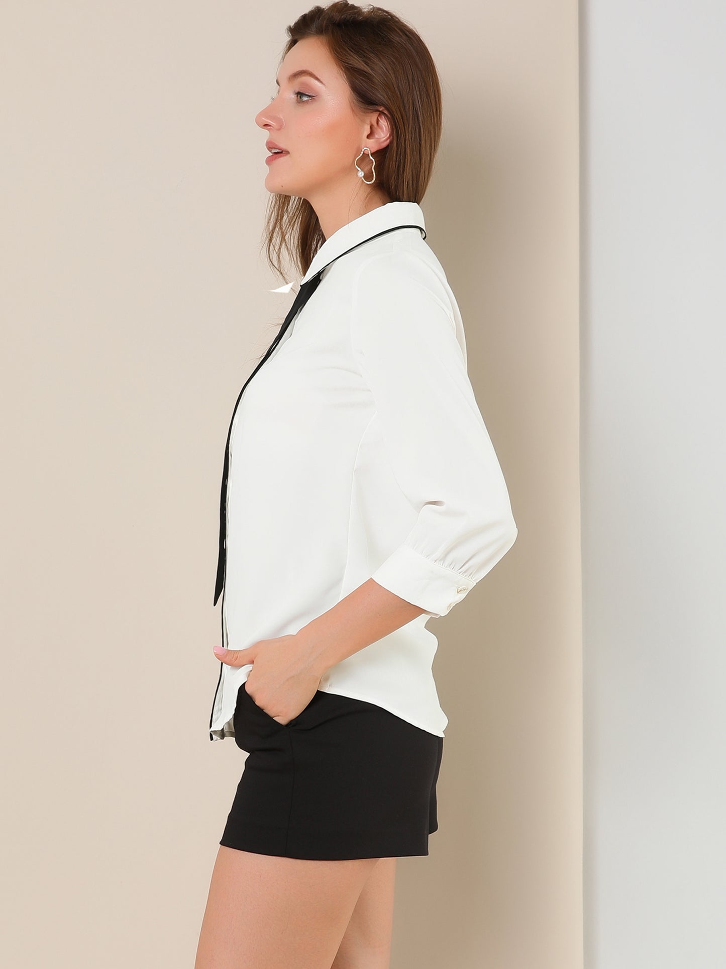 Women's Elegant Contrast Collar Blouse 3/4 Sleeve Button Up Tie Neck Office Shirt
