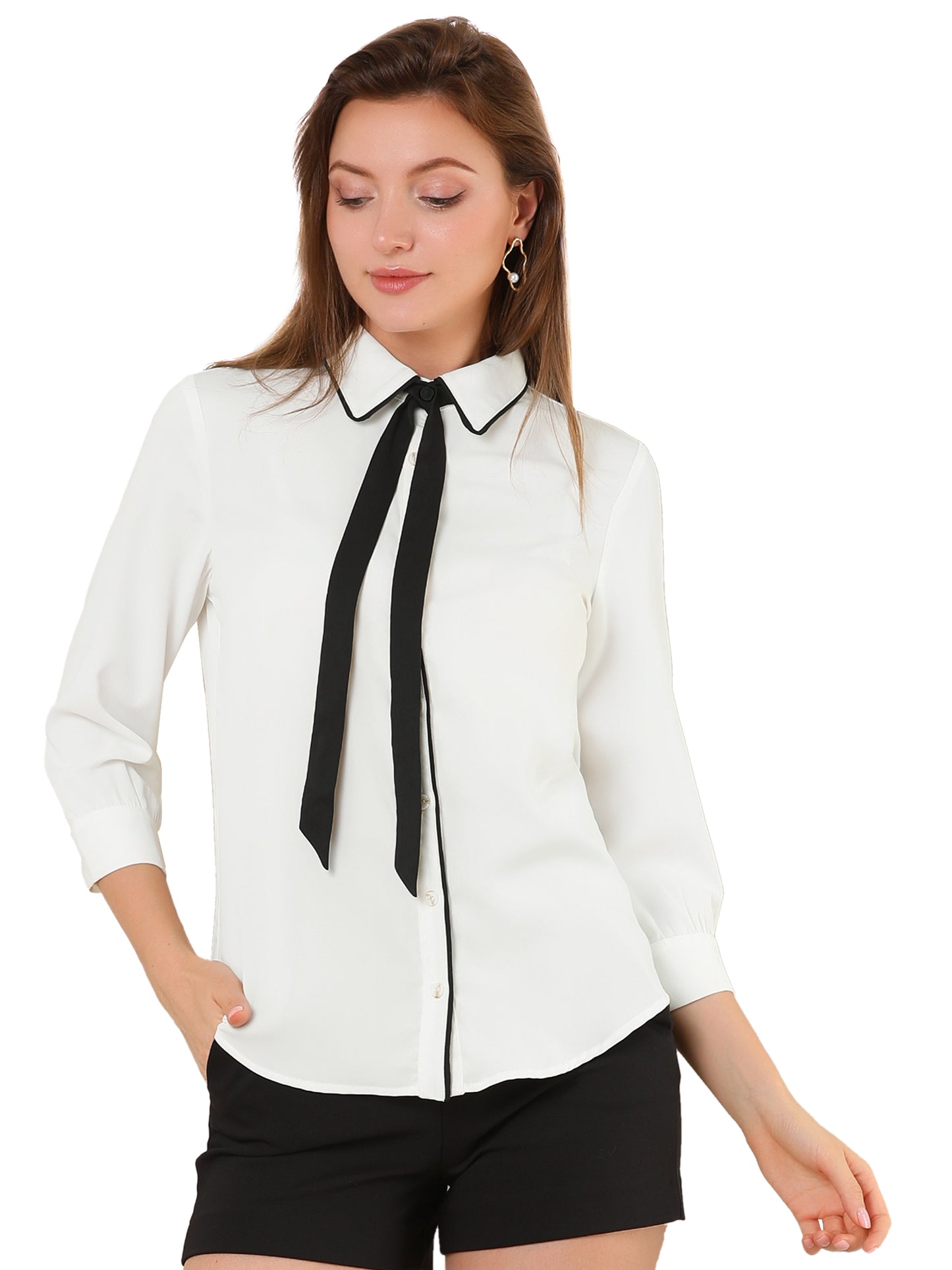 Women's Elegant Contrast Collar Blouse 3/4 Sleeve Button Up Tie Neck Office Shirt