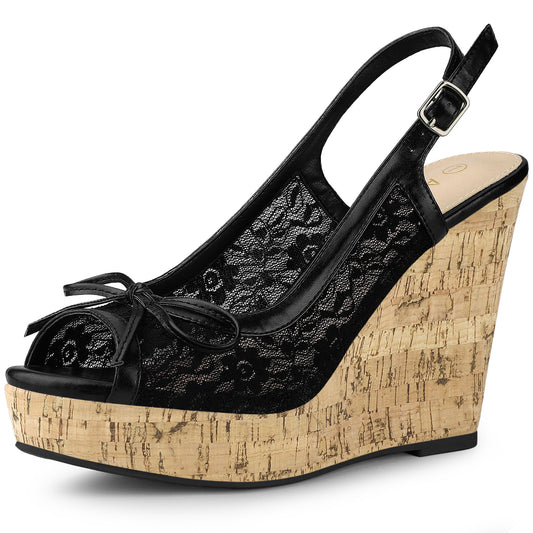 Women's Platform Heels Bow Lace Wedge Mustard Sandals