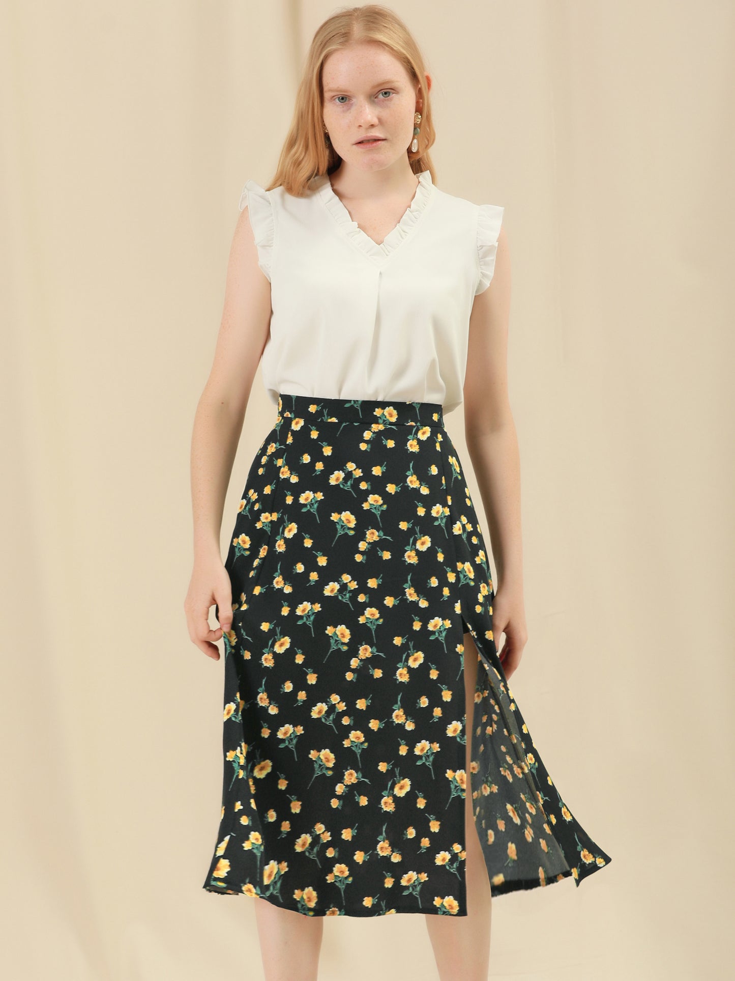 Women's Floral Chiffon Skirt Spring Summer Peasant Midi Skirt