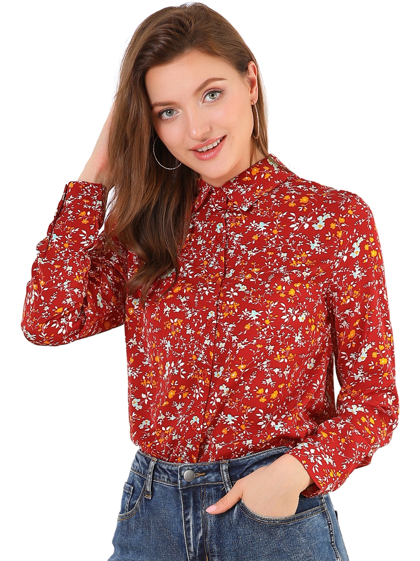 Women's Long Sleeve Button Down Ditsy Floral Shirt (Available in Plus Size)