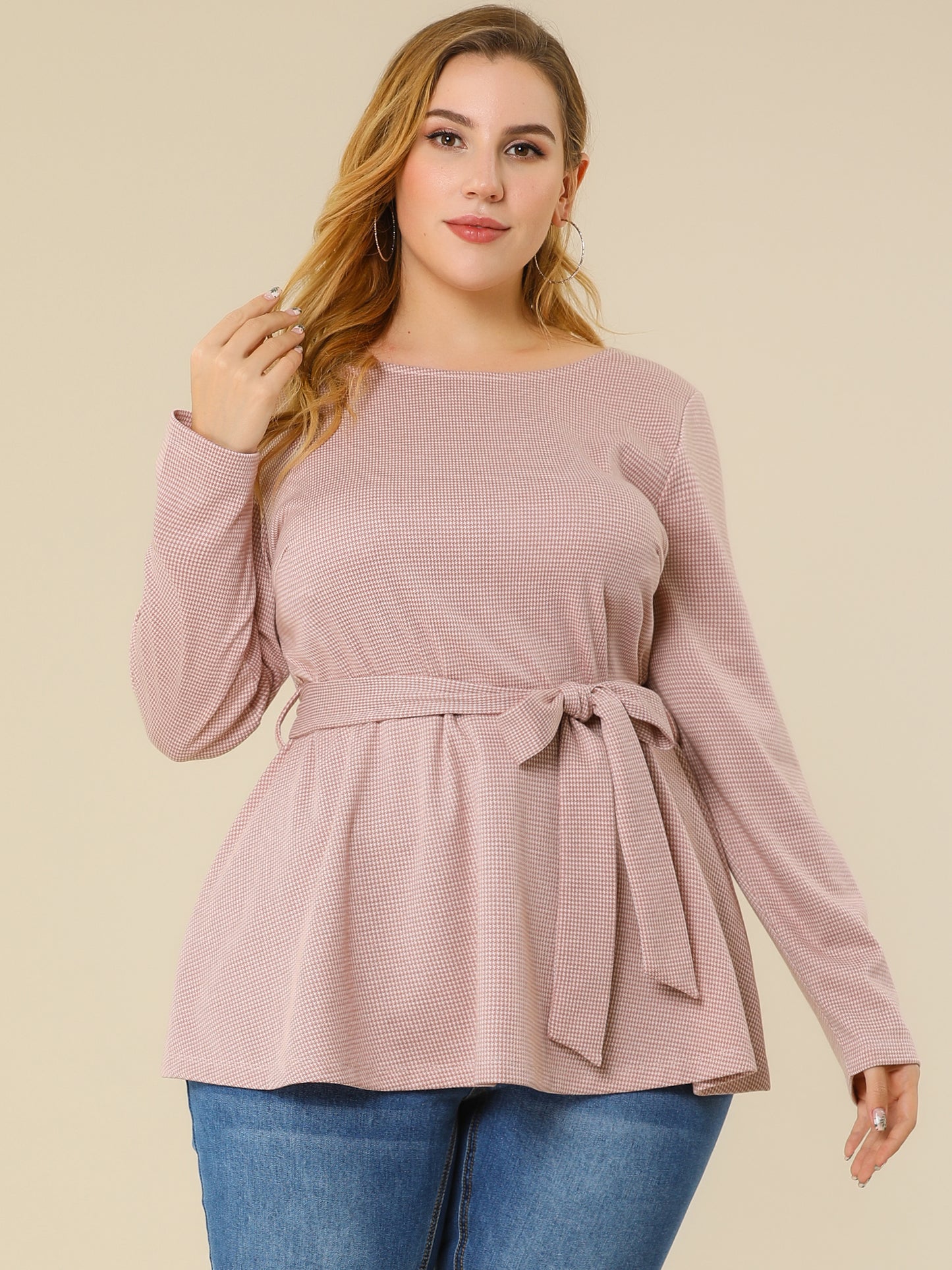 Women's Plus Size Peplum Top Belted Tie Houndstooth Blouse Long Sleeve Tunic