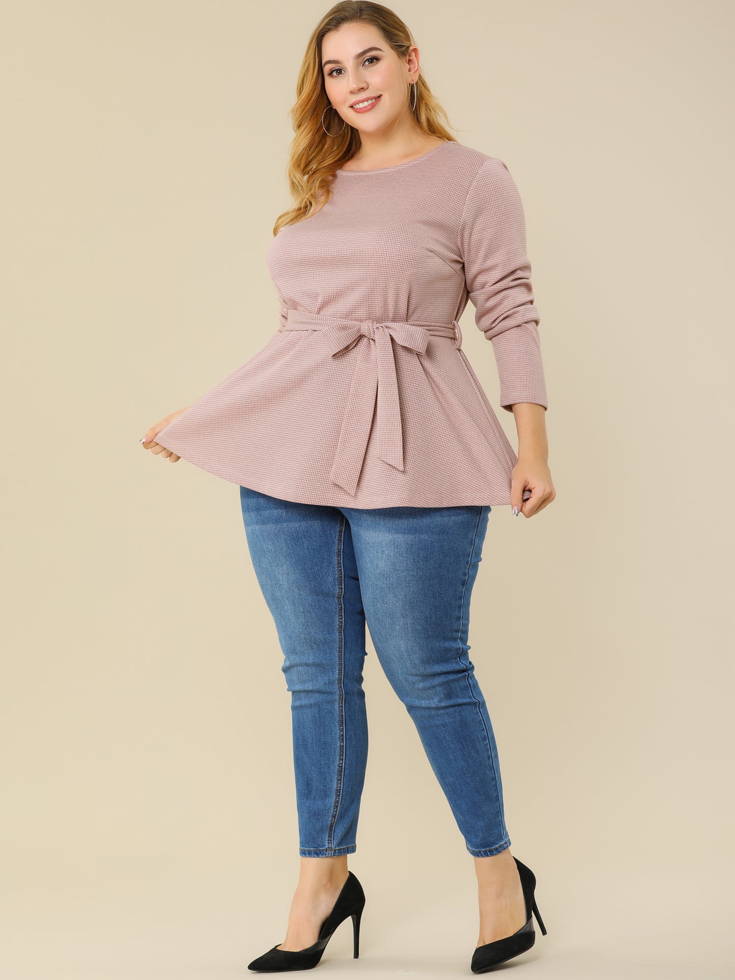 Women's Plus Size Peplum Top Belted Tie Houndstooth Blouse Long Sleeve Tunic