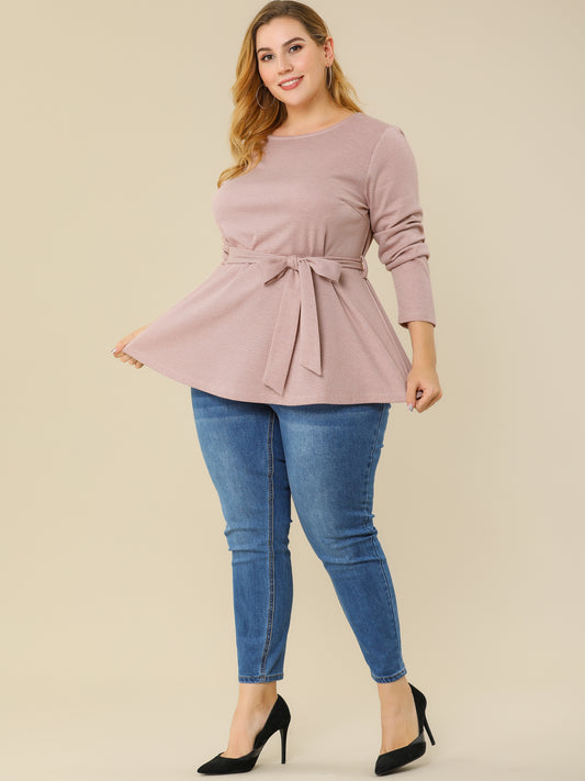 Women's Plus Size Peplum Top Belted Tie Houndstooth Blouse Long Sleeve Tunic