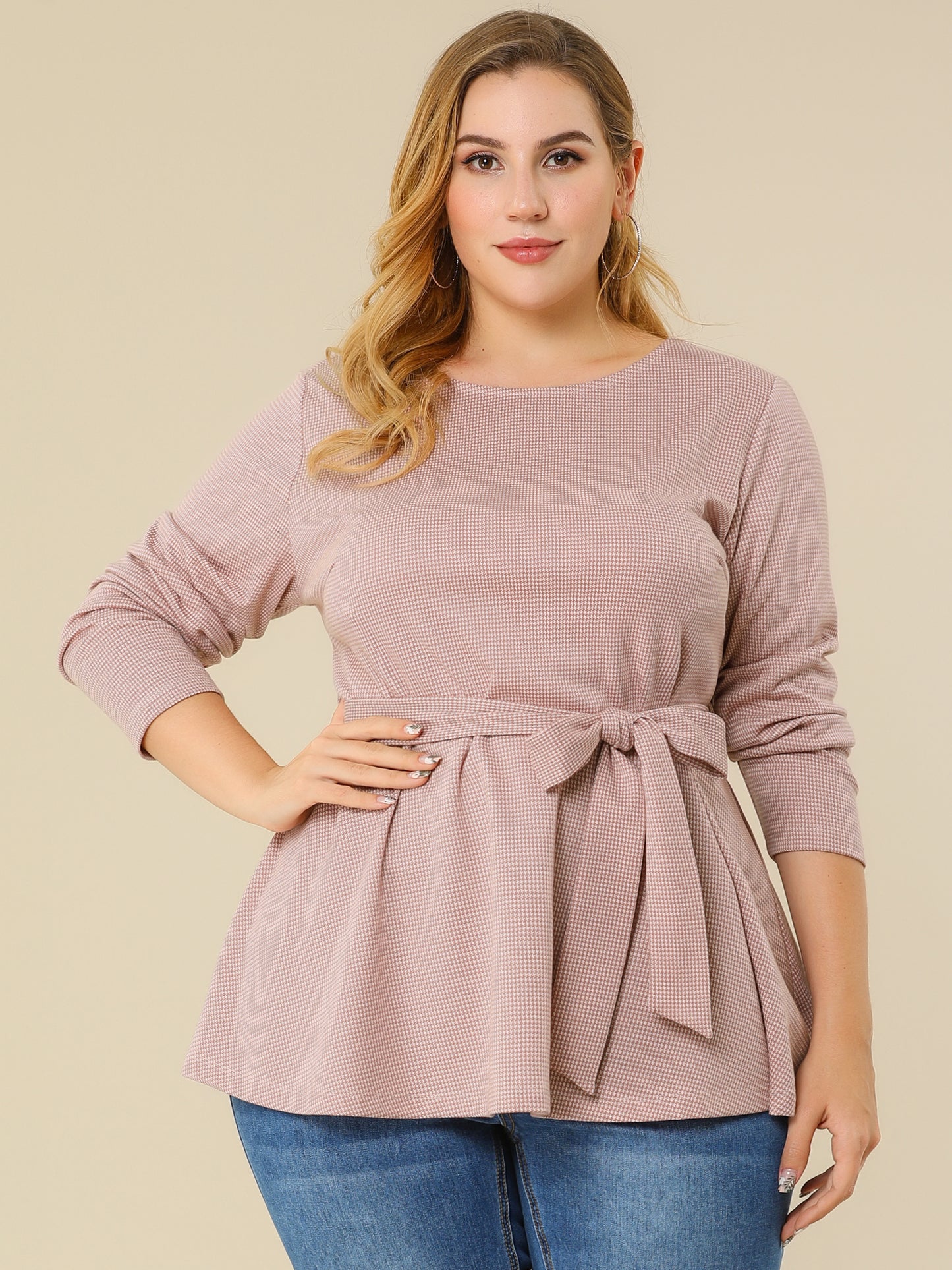 Women's Plus Size Peplum Top Belted Tie Houndstooth Blouse Long Sleeve Tunic