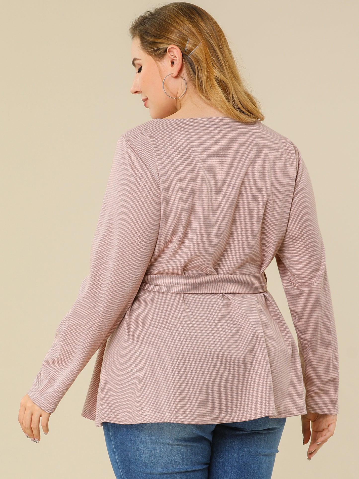 Women's Plus Size Peplum Top Belted Tie Houndstooth Blouse Long Sleeve Tunic