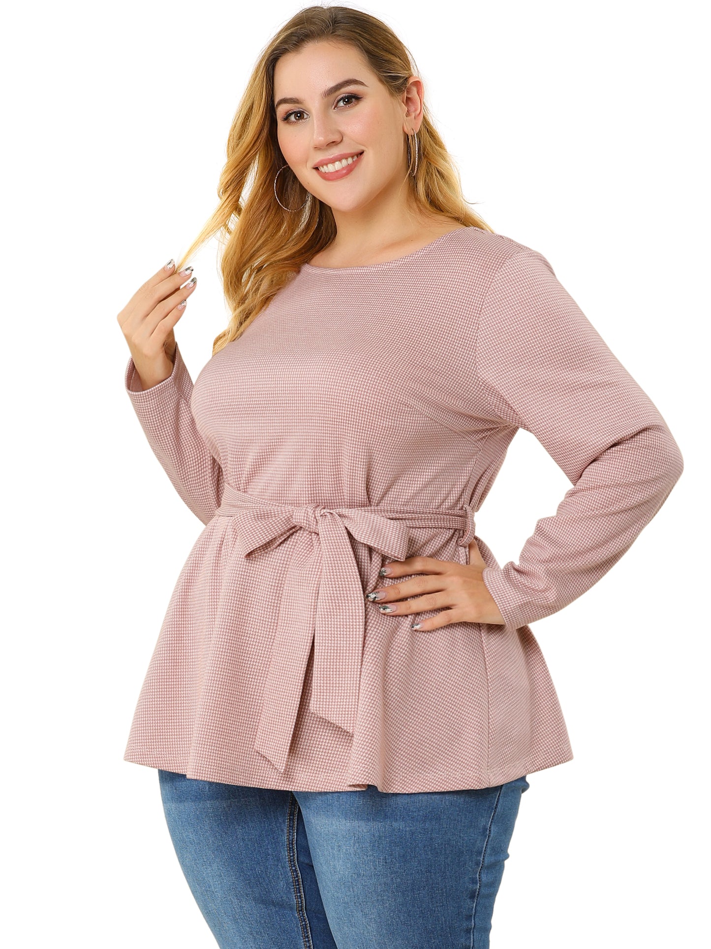 Women's Plus Size Peplum Top Belted Tie Houndstooth Blouse Long Sleeve Tunic