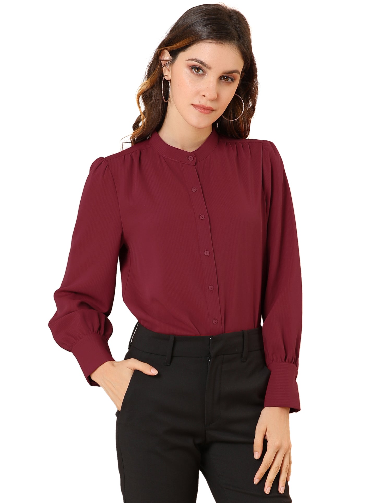 Women's Button Down Long Sleeve Mandarin Collar Work Shirt (Available in Plus Size)