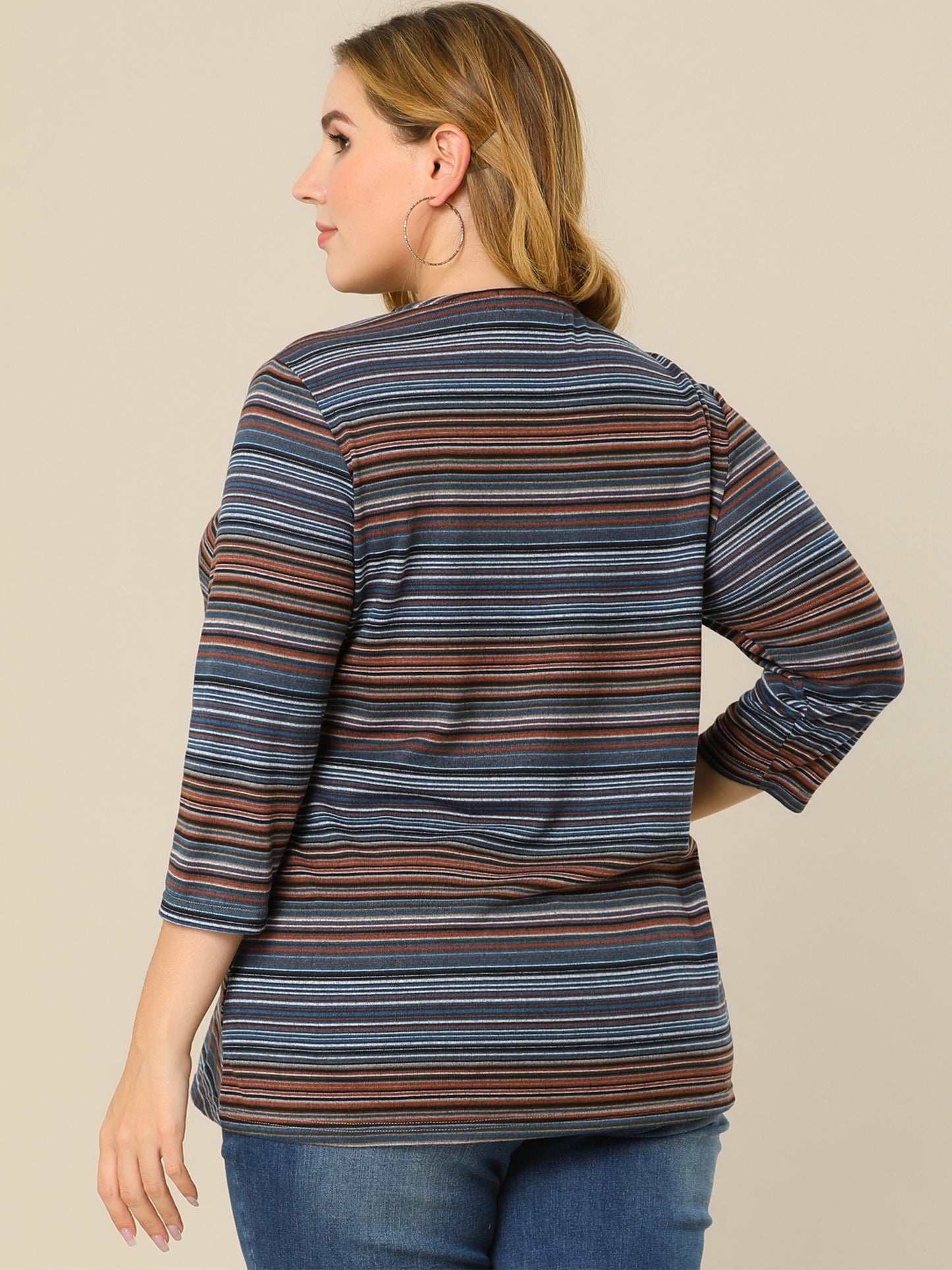Women Plus Size Top 3/4 Sleeve Knit Striped Boho Asymmetric Neck T-Shirt Blouse
