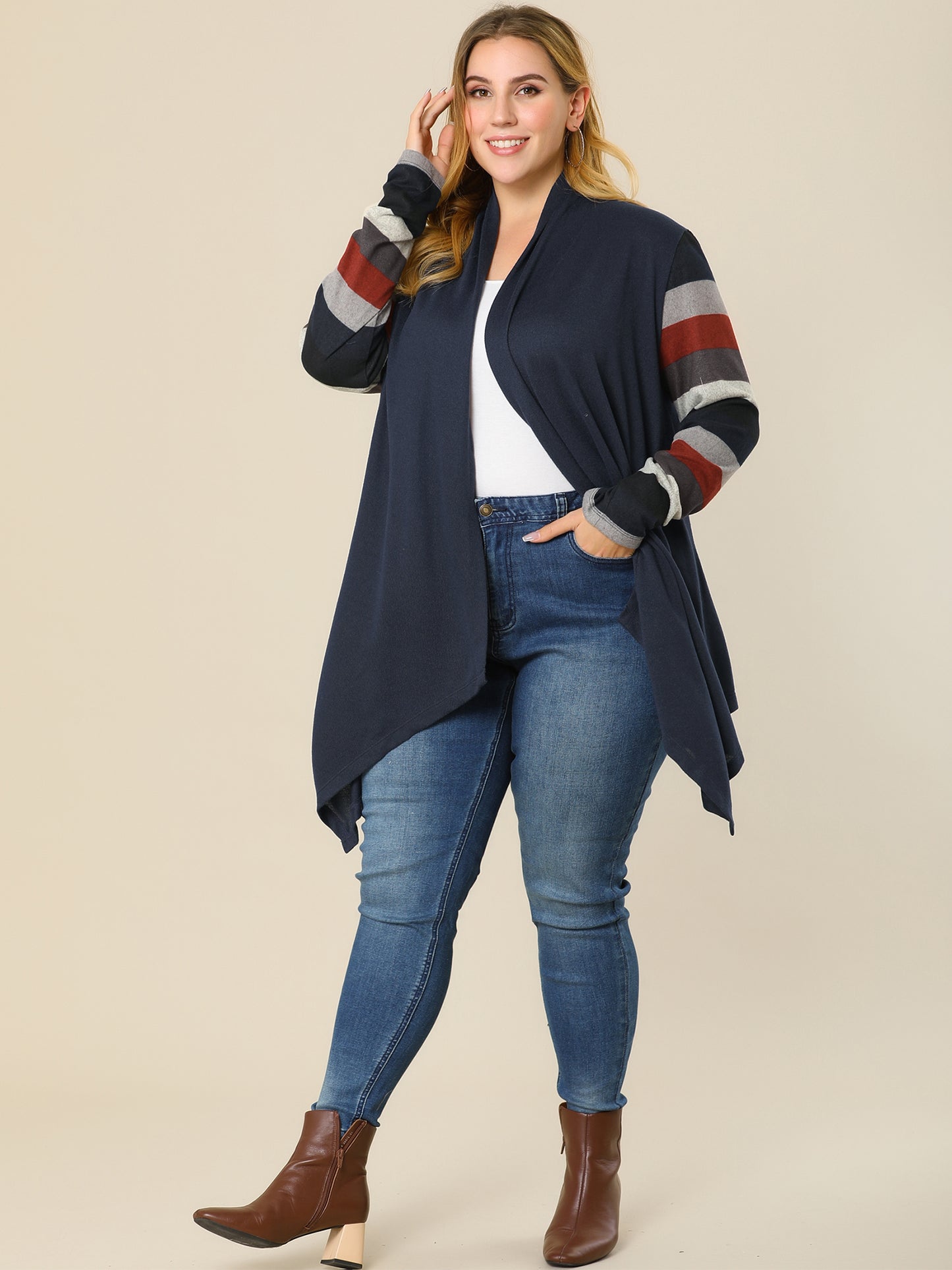 Women's Plus Size Cardigan Duster Open Front Long Sleeve Lightweight Stripe Splicing Long Cardigan
