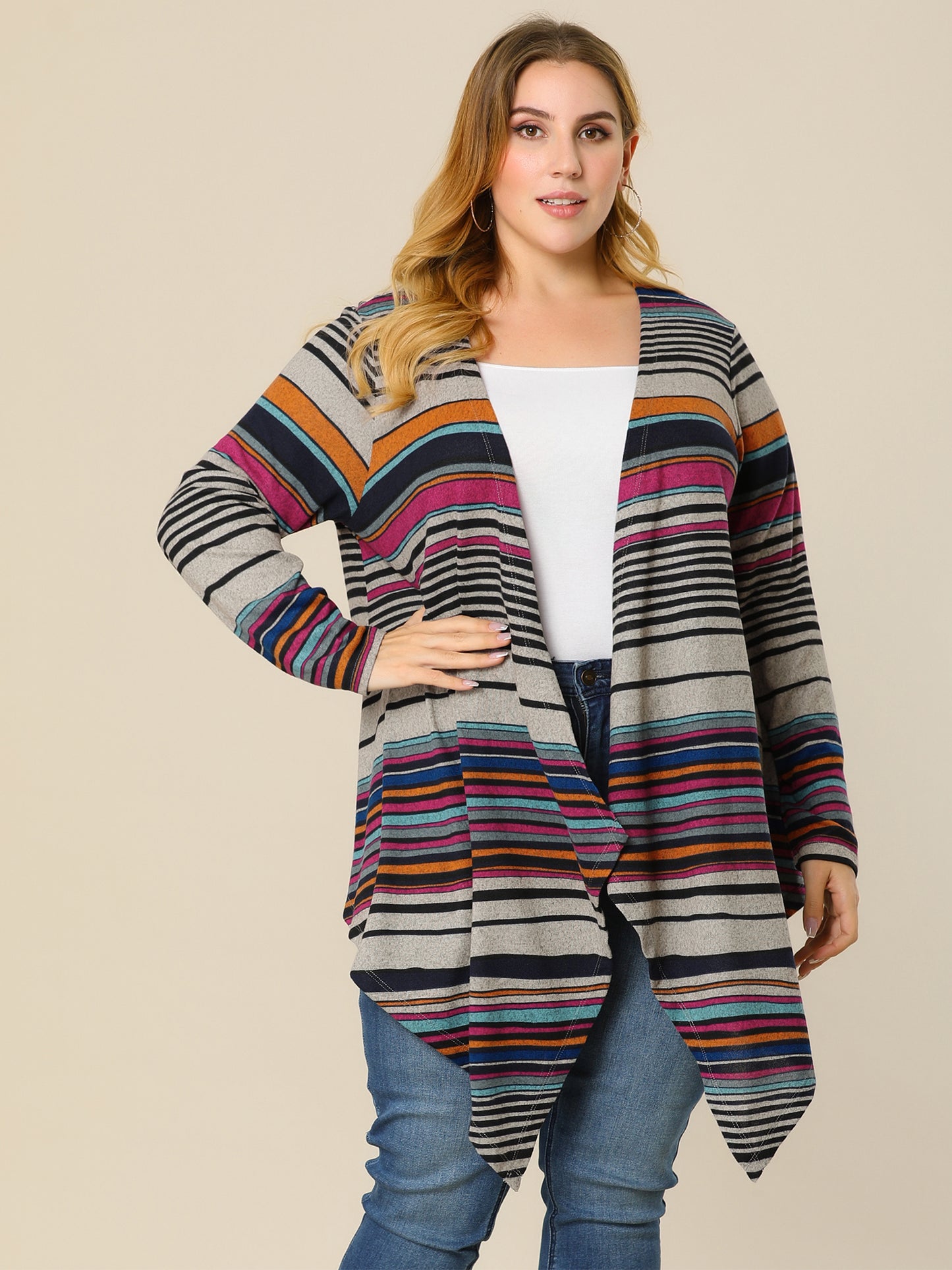 Women's Plus Size Cardigans Kimonos Color Block Boho Striped Open Front Cardigan