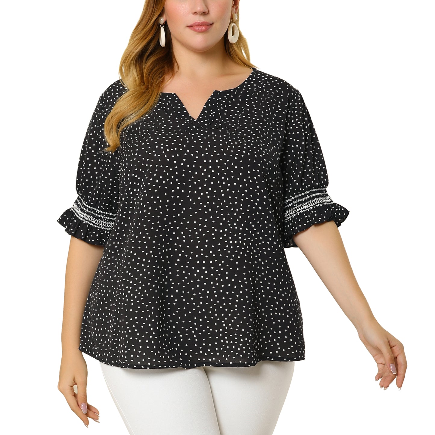 Women's Plus Size Blouse Pin Dots Smocked Floral Boho Blouse