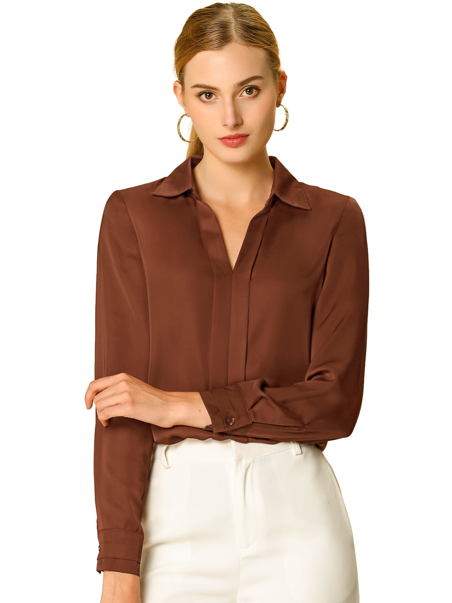 Women's Elegant V Neck Satin Long Sleeve Dressy Business Shirt Work Top (Available in Plus Size)