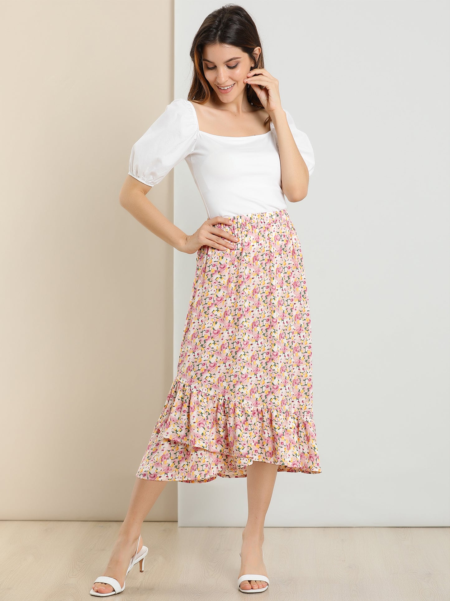 Falda floral de verano para mujer, cintura elástica, dobladillo alto y bajo con volantes, falda midi