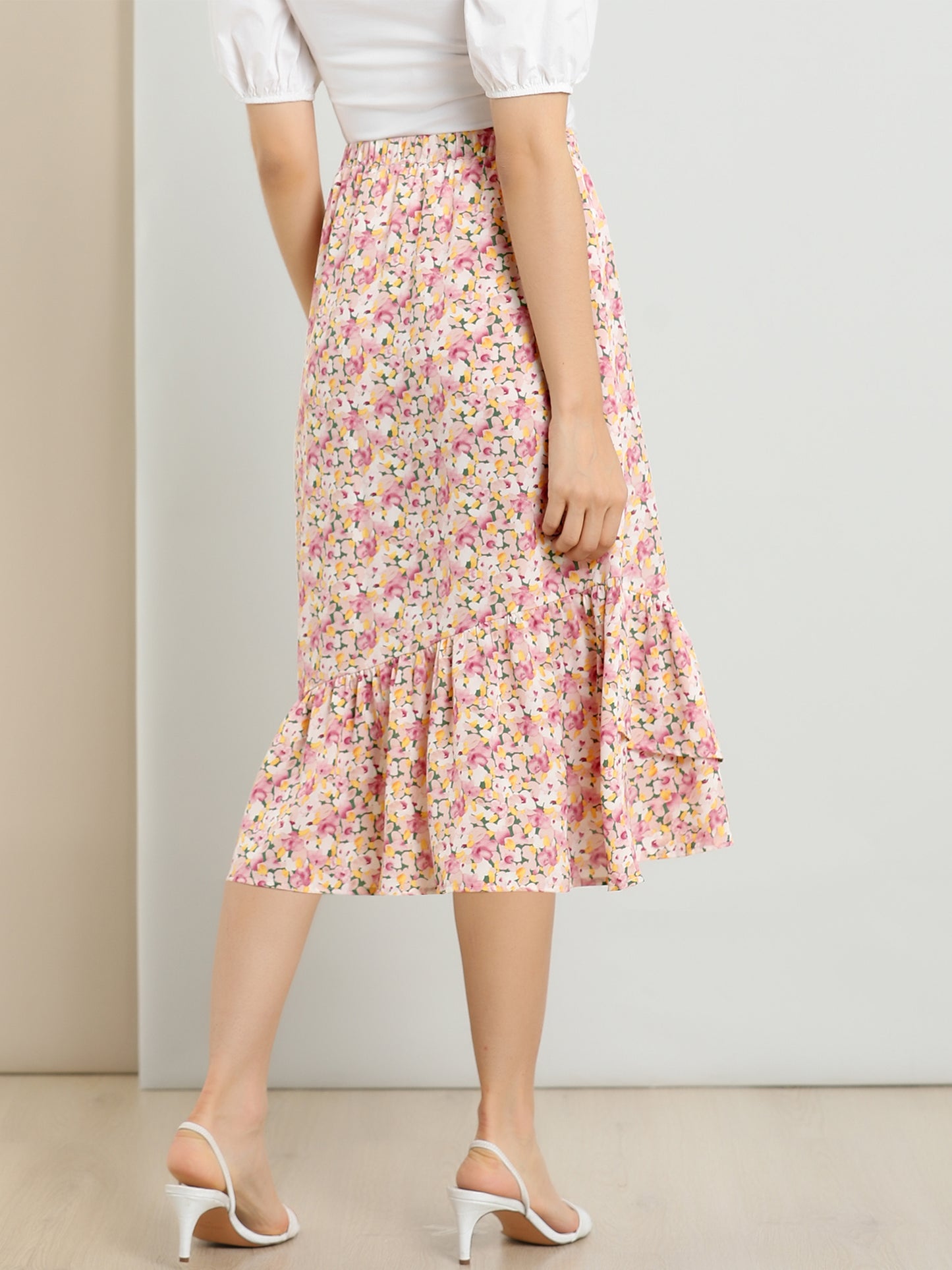 Falda floral de verano para mujer, cintura elástica, dobladillo alto y bajo con volantes, falda midi