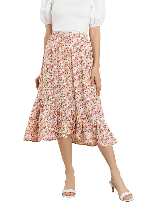 Falda floral de verano para mujer, cintura elástica, dobladillo alto y bajo con volantes, falda midi