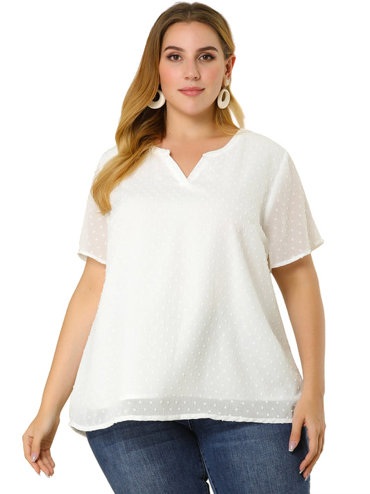 Women Plus Size Summer Top Swiss Dots Notched Neck Short Sleeve Blouse