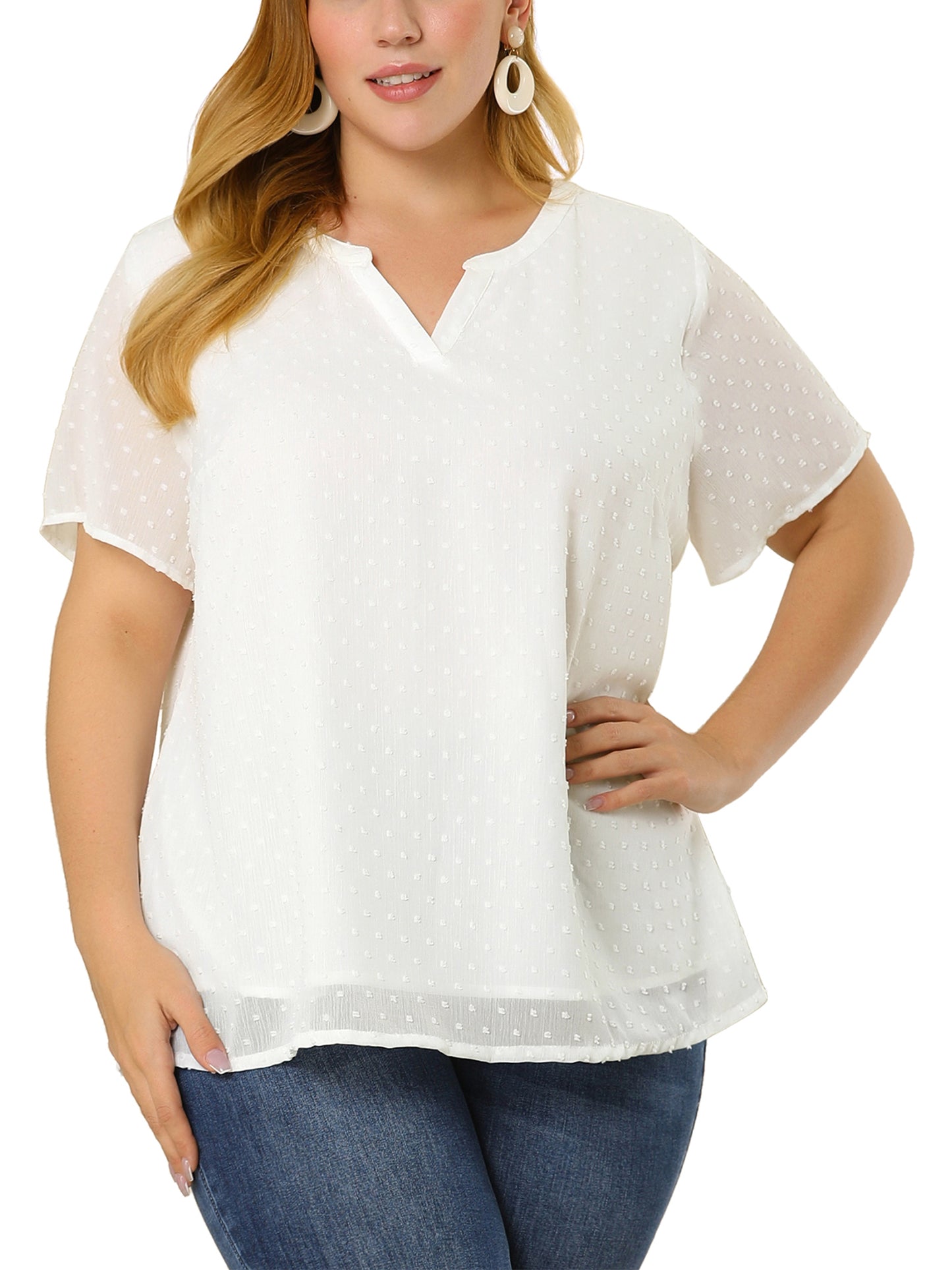 Women Plus Size Summer Top Swiss Dots Notched Neck Short Sleeve Blouse